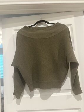 Off-the-Shoulder Cozy Knit Sweater in Olive Green, Size M/L